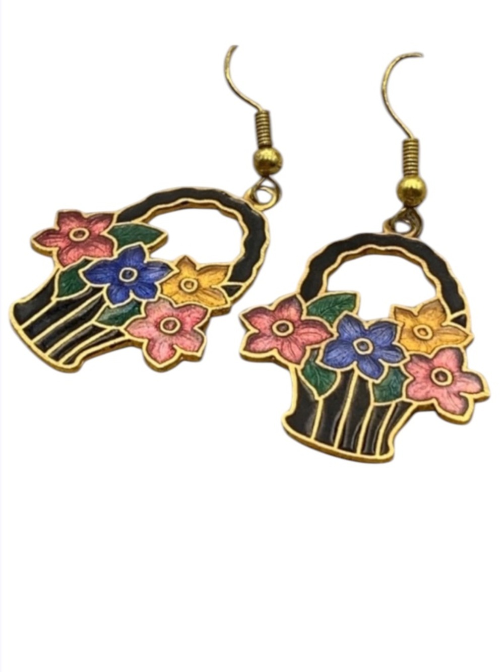Vintage Cloisonné Flower Basket Earrings